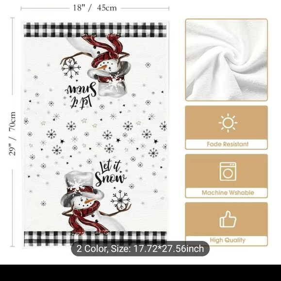 2pc Hand Towels Christmas Holiday Black & White Checkered Snowman Kitchen Towels - Picture 6 of 9
